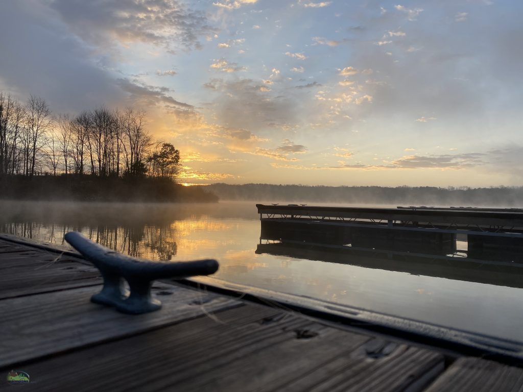 Cleat on pontoon and sunrise in background