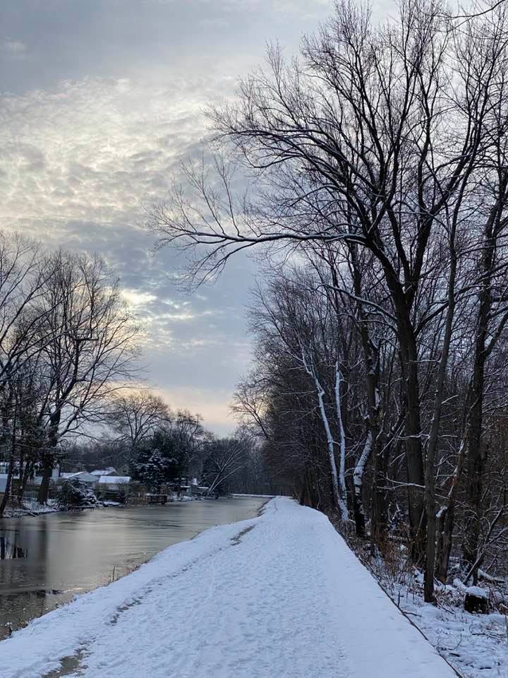 Snow on the towpath and ice on the canal