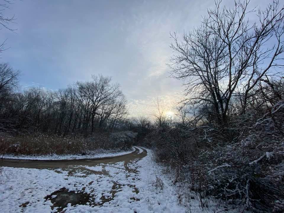 Sunrise on the trail in snow