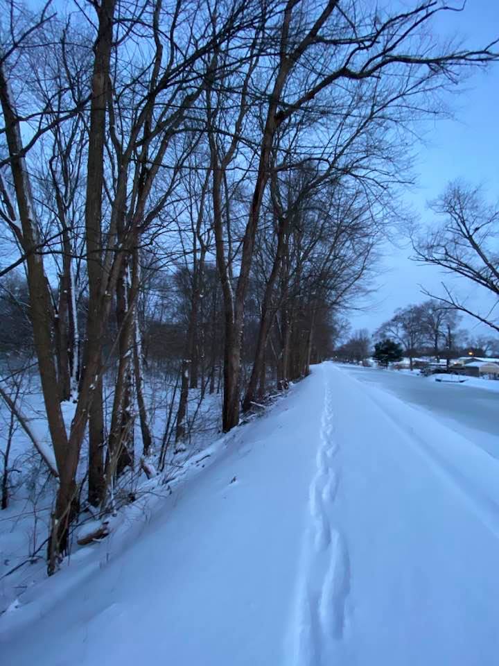 Snow on the towpath and one set of running tracks