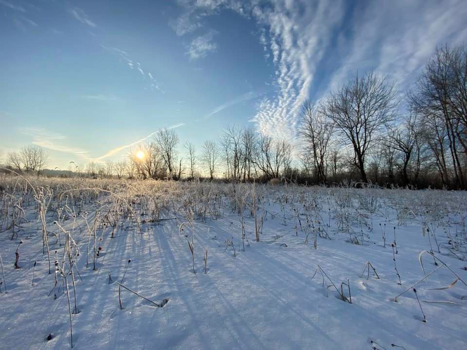 Sunrise across a snowy field