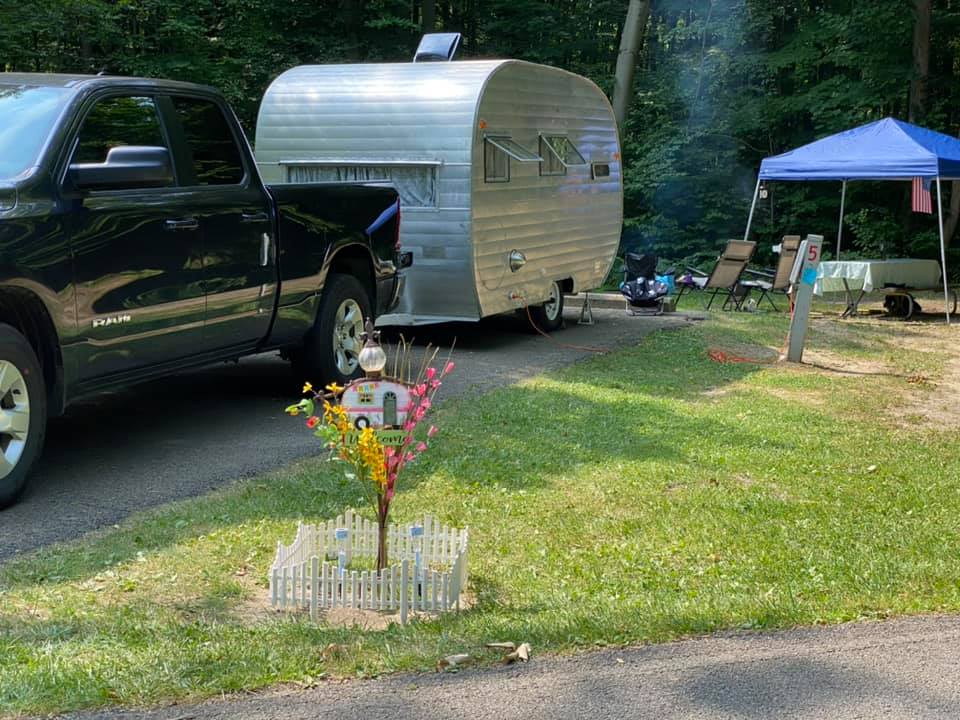 Vintage trailer being towed