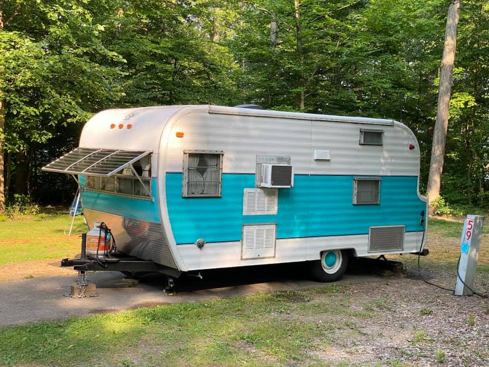 Vintage blue and white trailer