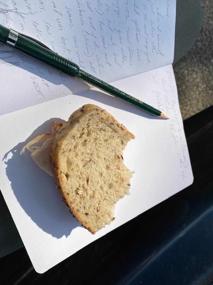 Half eaten sandwich on notebook with pen