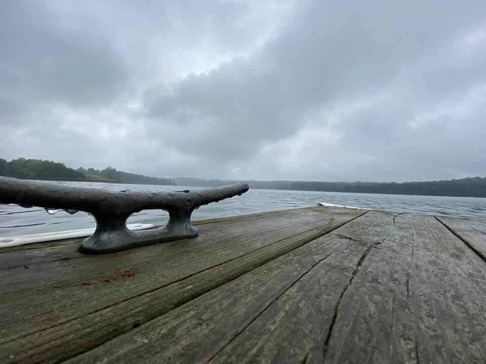 Cleat on mooring looking across lake